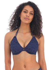 FREYA AS3971 SUNDANCE UNDERWIRE HALTER BIKINI TOP IN DENIM SIZE 32FF - Picture 1 of 6