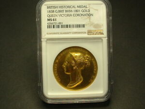 1838 GREAT BRITAIN QUEEN VICTORIA GOLD CORONATION MEDAL NGC-MS-61 EXTREMELY RARE