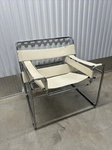 Wassily Style Full Size Beige Leather Chair As Is - Picture 1 of 12
