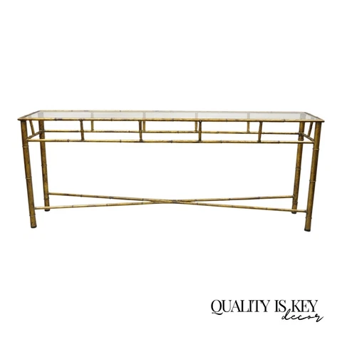 72" Long Italian Hollywood Regency Faux Bamboo Metal Lounge Console Sofa Table Cover