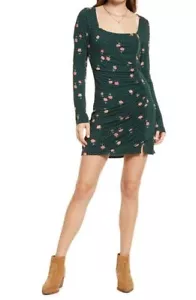 Free People Celia Floral Mini Dress Square Neck Long Sleeve Green Size Large NEW - Picture 1 of 9