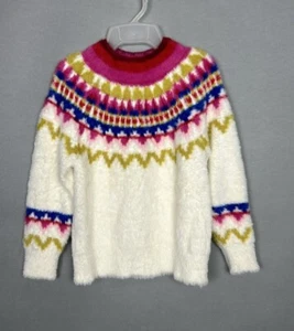 Hanna Andersson Girls Fluffy Sweater Pullover White Fair Isle 100 cm US 4 Y - Picture 1 of 8