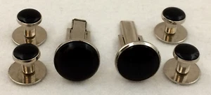 Cuff Links 4 Black Round Stud Shirt Button 1 Pair Black Round Sleeve Silvertone - Picture 1 of 8