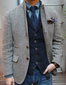 Traje de tweed de mezcla de lana gris espina de arenque a cuadros bronceado novio esmoquin traje de graduación - Imagen 1 de 10