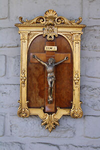 Antique Français Religieux Bois Bronze Plaque Murale Crucifix Rare
