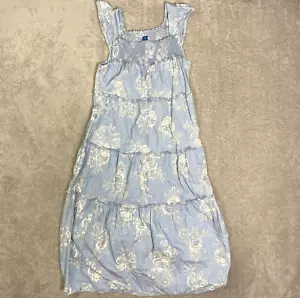 Old Navy XS blau weiß Blumen Flatterärmel Stufen gesmokt Midi Swing Kleid - Bild 1 von 7