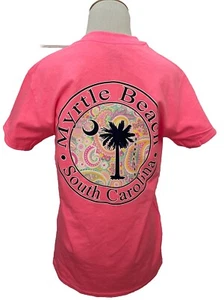 Myrtle Beach SC T-Shirt Sz SMALLL Bright Pink Paisley Palm Tree New - Picture 1 of 9