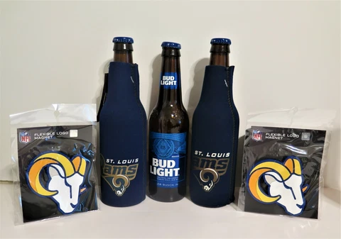 TWO (2) ST LOUIS RAMS NEOPRENE BOTTLE SUITS & TWO FLEXIBLE MAGNETS Cover