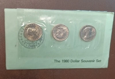 1980 Susan B. Anthony Dollar US Mint 3 Coin Uncirculated Souvenir Set OGP P-D-S - Image 1 of 2