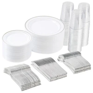 350pcs Party Plastic Plates Set Dinner Dessert Cups Gold Cutlery Napkins - Picture 1 of 6