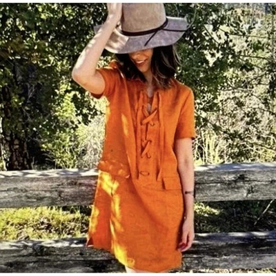 Maeve Anthropologie Orange Linen Blend Lace Up Short Sleeve Mini Dress Size 0 - Image 1 of 4