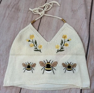 Romwe Damen Schmetterling Strick Neckholder Top große Biene bestickt Hippie Boho Retro - Bild 1 von 5