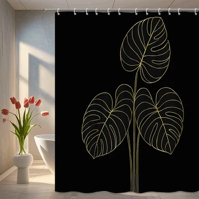 Cortina de Ducha Hojas Monstera Negra y Dorada - Diseño Floral Moderno Foto 1 de 4