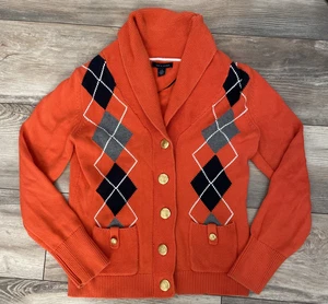 Tommy Hilfiger Argyle Strickjacke Pullover Gr. Large Orange Schal Goldknöpfe - Bild 1 von 7