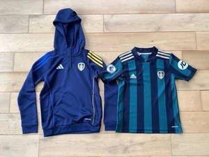 LEEDS UTD ADIDAS KIDS AGE 9/10 YRS QUARTER ZIPPED HOODIE + 2020/21 AWAY SHIRT - Picture 1 of 5