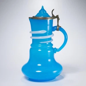 Large Blue Opaline Glass Ewer w Brass Mounted Lid 12.5"h Iris Apfel READ - Picture 1 of 6