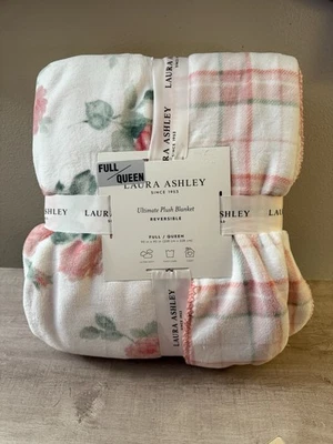 Laura Ashley Plush 90x90 Queen Full Blanket Reversible Pink Floral Plaid - Image 1 of 4