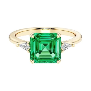 14k Gold Women's 2 Ct Asscher Lab Grown Colombian Emerald & Kite Diamond Ring - Picture 1 of 8