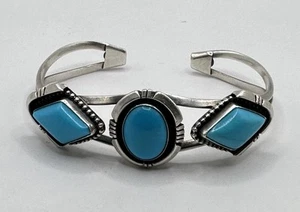 Sterling Silver Large Turquoise Navajo Running Bear Cuff Bracelet (20.00g) - Picture 1 of 8