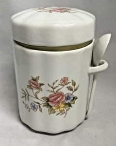 Vintage FTDA Bouquet Of Flowers Porcelain Tea Coffee Sugar Canister With Spoon - Picture 1 of 10