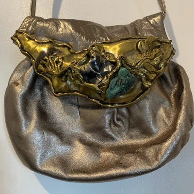 Cartera Bandolera Vintage Años 80 Elegante Latón Metal Turquesa Cuero Metálico Foto 1 de 4