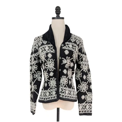 Cárdigan Suéter Singrid Mujer S Negro Crema Lana Angora Vintage Nórdico Floral Foto 1 de 4