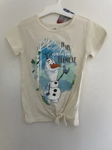 Disney Frozen 2 Kids Girls Cute Glitter Olaf Tie Front Cotton T-Shirt Cream XS 4 - Picture 1 of 4