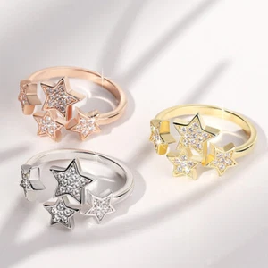 Anillos de estrellas de plata 925 lindos para mujer joyería de circonio cúbico talla ajustable - Imagen 1 de 6