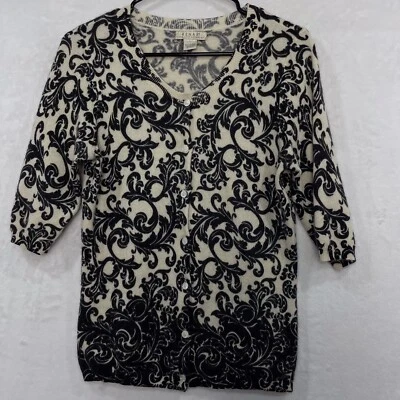 Kenar 羊绒开衫 M L 毛衣 2 层佩斯利漩涡黑色奶油色哥特 — 第 1/4 张图片