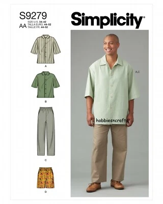 SIMPLICITY 9279 MEN'S SHIRTS TROUSER SHORTS Sewing Pattern Sizes 34-42 & 44-52 - Image 1 of 4