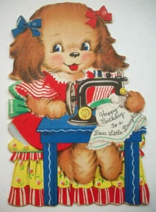 40er Jahre Hund an Nähmaschine beflockte Ohren Punze Geburtstag Grußkarte *A5 - Bild 1 von 3