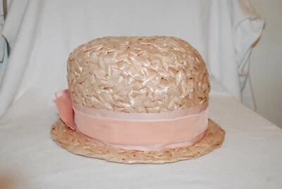Vintage 60s Women's Ivory straw hat with bow wide brim bowler style - Image 1 of 4