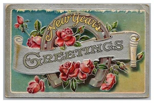 Postal Saludos Año Nuevo Herradura Grande y Rosas c1909 L23 - Imagen 1 de 2
