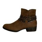Sugar Tora Booties Brown Ankle Boots Leopard Straps Side Buckle Side Zip Size 10