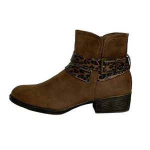 Sugar Tora Booties Brown Ankle Boots Leopard Straps Side Buckle Side Zip Size 10 - Picture 1 of 10