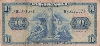 Germany  10  Deutsche mark  22.8.1949  Series N-T  Circulated Banknote HJ 17 - Image 1 of 2