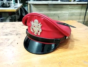 Genuine Real Leather Red Army Muir Biker Peaked Police Gay Bluf Cap Hat - Bild 1 von 7