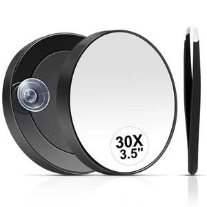 30X Magnifying Mirror with Suction Cup & Tweezers, Travel Makeup & Eyebrow Tool - Picture 1 of 8