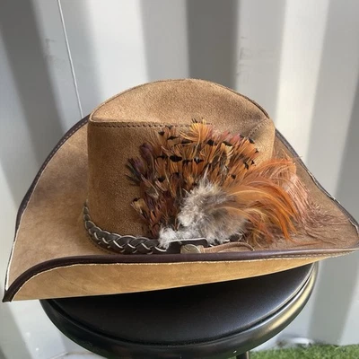 Sombrero de Vaquero de Gamuza San Zeno Cuero Liso M con Pluma Hecho a Mano en CA Foto 1 de 4