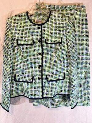 Adrianna Papell Falda de Seda Traje 10 Verde Azul Moderno Retro Conjunto de Chaqueta y Falda Foto 1 de 4