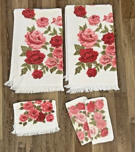 5 pc Vintage Cannon Pink Floral Roses Fringe Bath Towel set 1960s USA washcloth - Picture 1 of 21