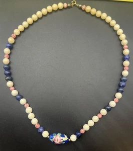 Vintage bunte Stein mit großen Cloisonné-ähnlichen Porzellan Perlen Halskette 20" - Bild 1 von 12