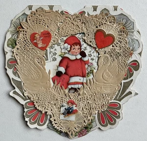 Vtg Lace Valentine Card Little Girl Red Snowsuit Cupid Snowboard Flowers #b9 - Picture 1 of 4