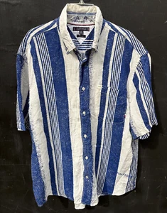 Tommy Hilfiger Linen Shirt Mens XL Blue Stripe Short Sleeves Button Front - Picture 1 of 12