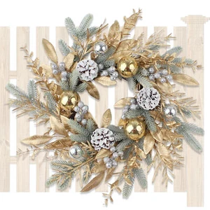 Gold Christmas Wreath, Pine Artificial Christmas Wreath Gold, Front Door Wreath - Picture 1 of 12
