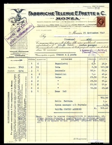 GF0195 - Fattura: Fabbriche Telerie Frette - Monza 1941 - Imagen 1 de 1