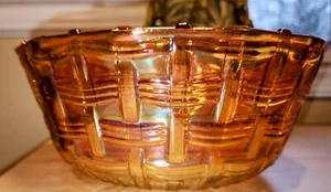 Dugan Basket Weave Bowl Iridescent Marigold 7.25" c 1909 - Picture 1 of 8