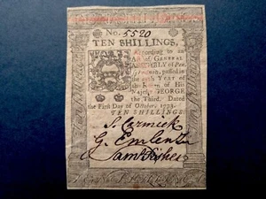 OCTOBER 1, 1773 COLONIAL CURRENCY 10 SHILLINGS PA-167 HIGH GRADE UNCIRCULATED - Picture 1 of 2
