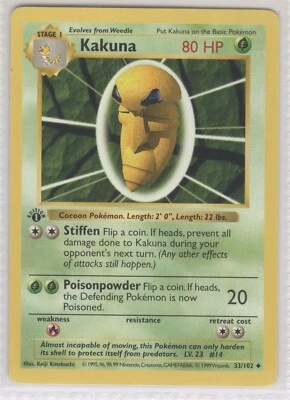 Pokemon Kakuna 1st edition base set 33/102 Raw NM MT WOTC Rare Vintage 1999 - Image 1 of 2
