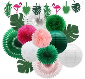 Tropical Flamingo Palm Leaves Party Decorations with Paper Green Pink White - Picture 1 of 6